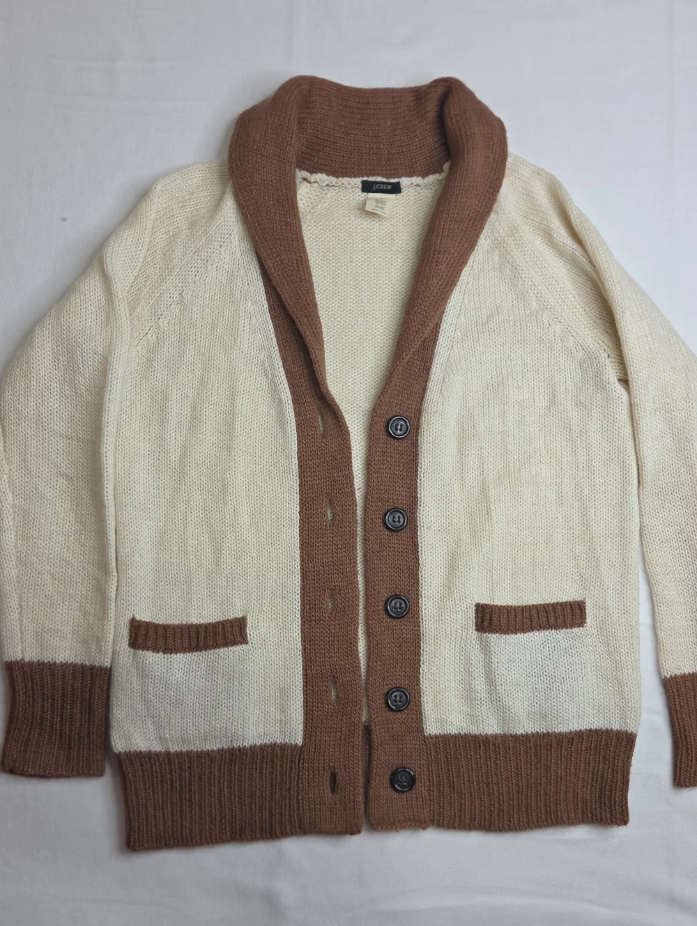 J. Crew Cream and Brown Shawl Collar Cardigan